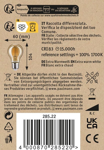 Produktverpackung eines LED Leuchtmittels mit technischen Daten, Abmessungen und Entsorgungshinweisen.