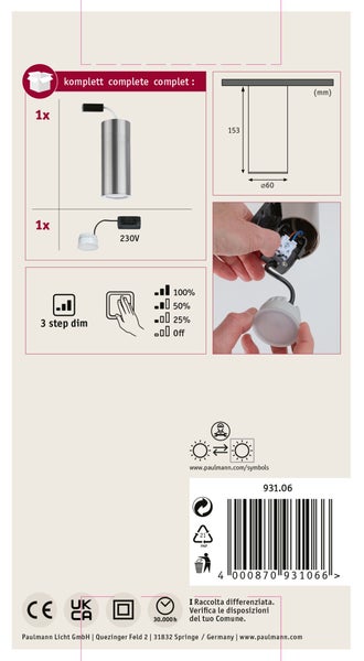Pendelleuchte mit Maßangaben: Höhe 40,1 bis 150 Zentimeter, Baldachin-Durchmesser 72 Millimeter, Kopf-Durchmesser 33 Millimeter. 5 Jahre Garantie.