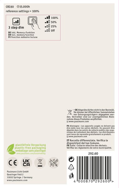 Smarte Außensteckdose mit Schutzdeckel, Knopf für manuelles Schalten am Gerät und Schutzart IP 44 für Spritzwasserschutz.