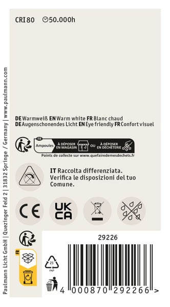Produktverpackung mit technischen Daten zu Farbtemperatur, Lebensdauer, Entsorgungshinweisen, CE Kennzeichnung und Strichcode von Paulmann Licht.
