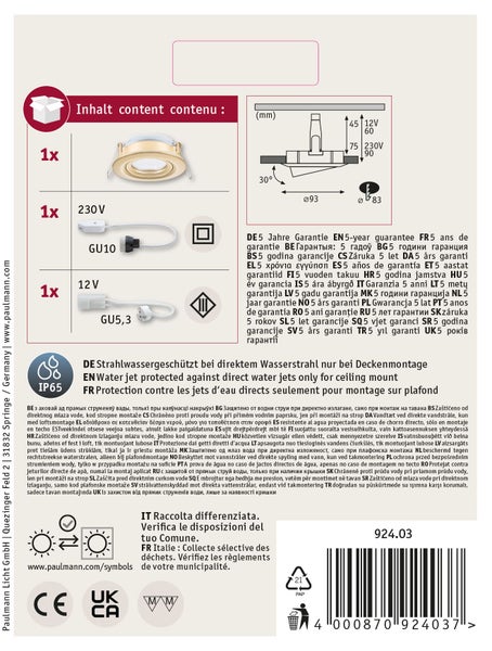 Einbaustrahler Verpackung mit Lieferumfang 12V und 230V Leuchtmittelanschlüssen, IP65 Schutzart für Deckenmontage und technischen Zeichnungen.