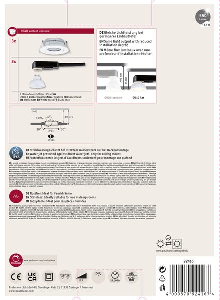 Set mit drei Paulmann LED Einbaustrahlern mit 550 Lumen, warmweiß, dimmbar, IP65 strahlwassergeschützt und rostfrei für Feuchträume
