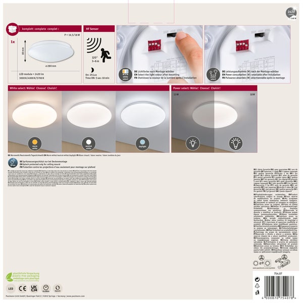 Produktverpackungsinformationen fuer Paulmann LED Lichtleiste mit technischen Daten, Lieferumfang und Entsorgungshinweisen.