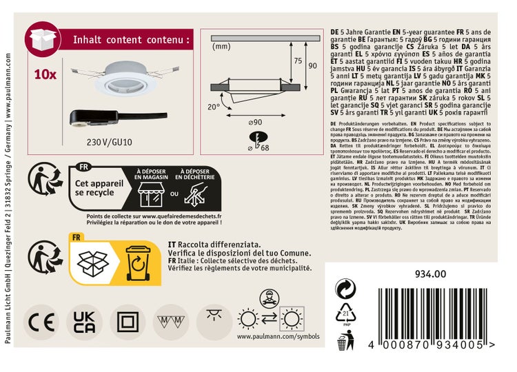Technische Produktverpackung fuer zehn Einbaustrahler inklusive Massskizze und Entsorgungshinweise sowie CE und UKCA Konformitaet.