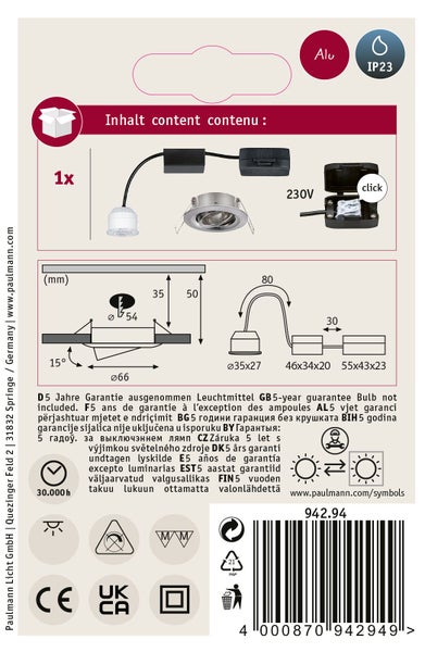 Produktverpackung eines Paulmann Einbaustrahlers mit technischen Zeichnungen und Maßangaben sowie Symbolen zu Schutzart und Material.