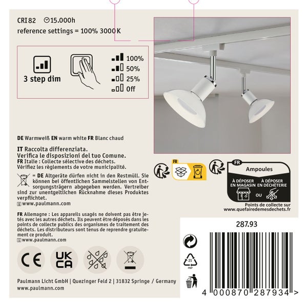 Paulmann LED Schienensystem Strahler mit 3 Stufen Dimmfunktion und 3000 Kelvin Farbtemperatur
