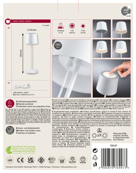 Drei Einbaustrahler Set mit technischer Skizze und Angaben zu Abmessungen sowie fünf Jahren Garantie.