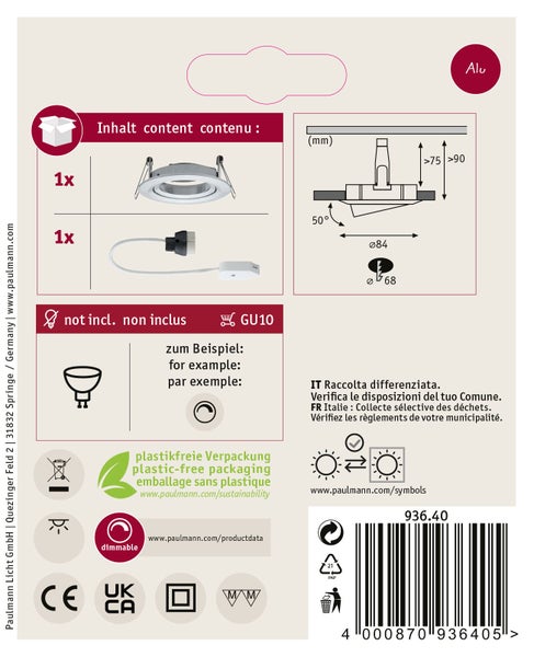 Produktverpackung eines Paulmann Einbaustrahlers aus Aluminium inklusive technischer Zeichnung und Montagehinweisen.
