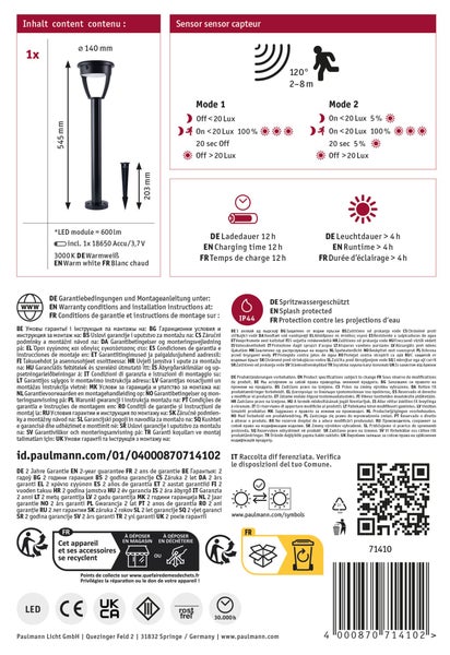 Technische Zeichnung einer Paulmann Solarleuchte mit Angaben zu Sensor, Abmessungen, Leuchtdauer, Schutzklasse IP44 und Garantiebedingungen.