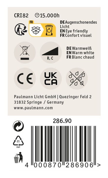 Technische Informationen und Produktspezifikationen für Paulmann Leuchtmittel mit Farbwiedergabeindex CRI 82 und 15000 Betriebsstunden
