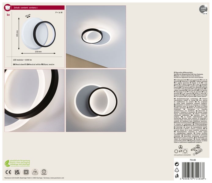 Moderne runde LED Wand und Deckenleuchte mit 1590 Lumen Lichtstrom und neutralweißer Lichtfarbe inklusive technischer Zeichnung und Produktdetails.