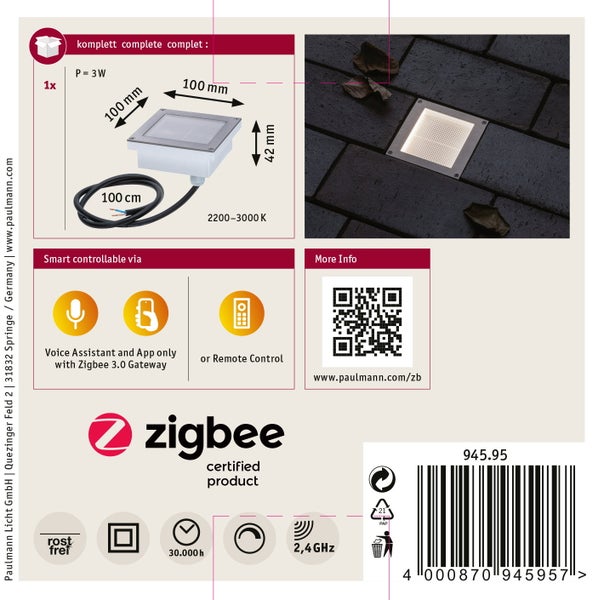 LED Bodeneinbauleuchte Smart Home Zigbee 3.0 Brick insektenfreundlich IP67 eckig 100x100 mm Tunable Warm 1W 18lm 230V Edelstahl Edelstahl