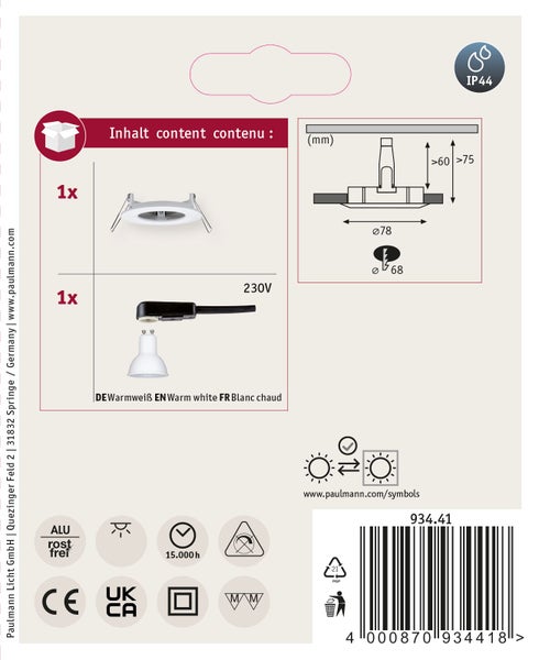 Produktverpackung Einbaustrahler IP44 Schutzart mit technischen Zeichnungen und Lieferumfang inklusive Leuchtmittel