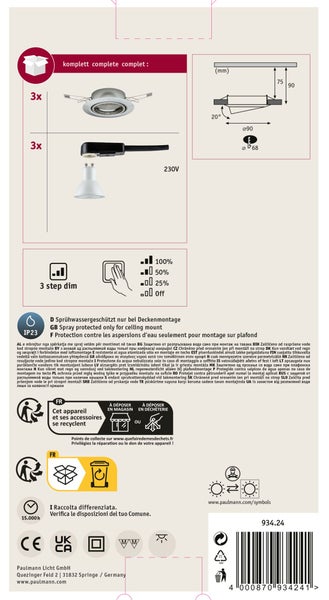 Set aus drei Paulmann LED Einbaustrahlern mit 230 Volt, dreistufiger Dimmfunktion und IP23 Schutzart für Deckenmontage inklusive technischer Daten.