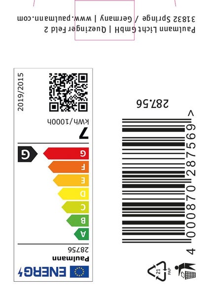 EU Energieeffizienzlabel für Paulmann Licht Leuchtmittel mit Angabe der Energieeffizienzklasse G und Stromverbrauch von 7 Kilowattstunden pro 1000h.