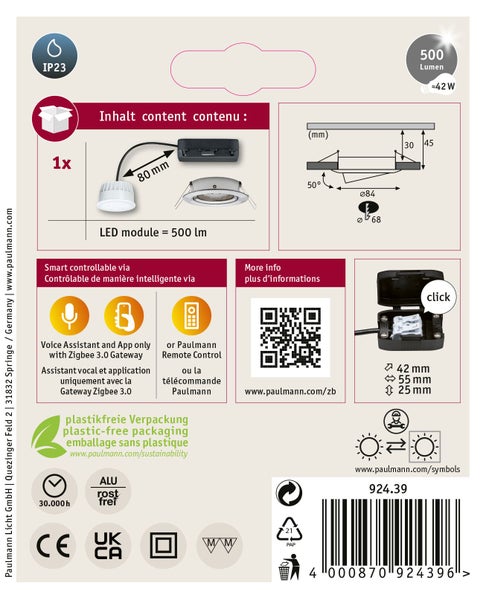 Produktverpackung eines LED Einbaustrahlers mit technischen Daten, Montageanleitung, Smart Home Kompatibilität, QR Code und Strichcode.