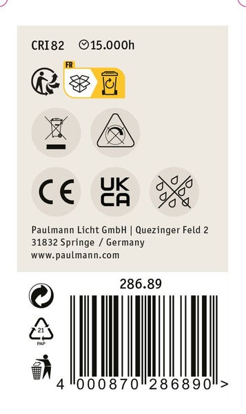 Technische Produktinformationen und Entsorgungshinweise auf der Verpackung von Paulmann Licht mit Barcode.