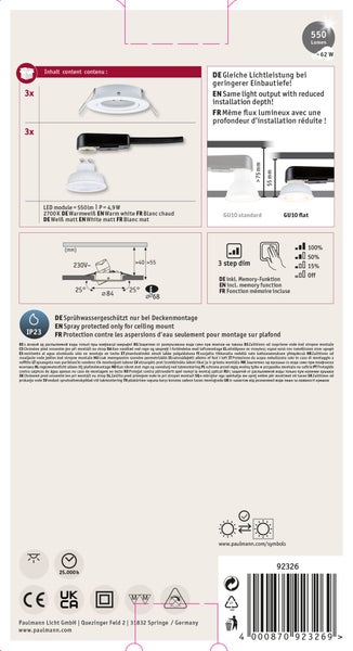 LED Einbauleuchten Set mit drei LED Modulen, dimmbar, IP23 Spritzwasserschutz, für die Deckenmontage, 2700 Kelvin, 550 Lumen.