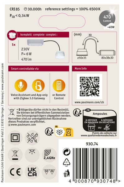 Produktverpackung eines LED Einbaustrahlers mit technischen Daten, Montagehinweisen, Zigbee Steuerungsinformationen und Entsorgungshinweisen.