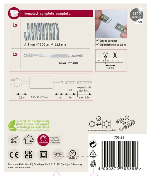 Europäische Union Energielabel Paulmann 50150308965, Energieeffizienzklasse F, 8 Kilowattstunden pro 1000 Stunden. Modul 50 Zentimeter.