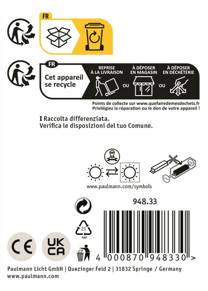 Entsorgungshinweise und technische Kennzeichnungen für ein elektrisches Produkt inklusive Herstellerinformationen und Barcode.