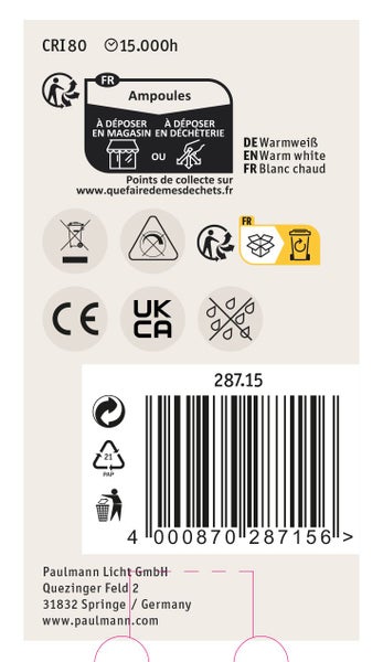 Produktverpackung mit technischen Informationen, Entsorgungshinweisen, CE Kennzeichnung und Strichcode der Paulmann Licht GmbH.