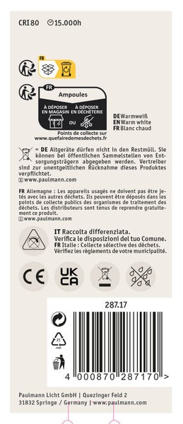 Produktinformationen und Entsorgungshinweise auf der Verpackungsrückseite für Leuchtmittel von Paulmann mit technischen Daten und EAN Code.