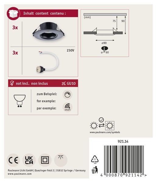 Einbauleuchte 3er-Set starr rund 90 mm GU10 max. 3x10W 230V dimmbar Schwarz