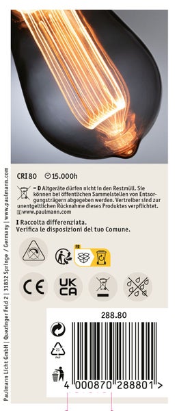 Paulmann LED Leuchtmittel mit sichtbarem Glühfaden und extra warmweißem Licht zur dekorativen Beleuchtung.