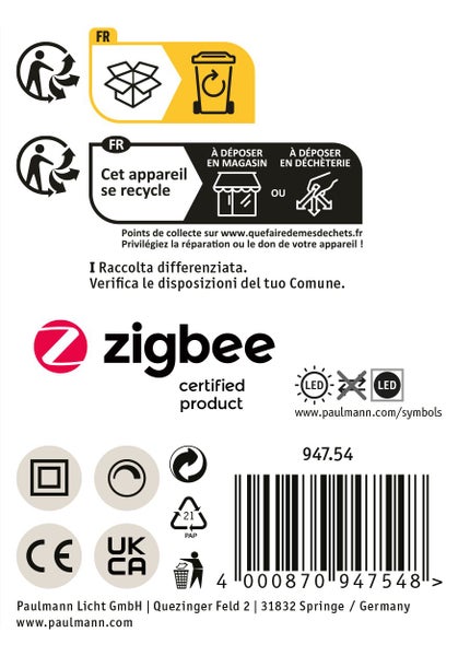 Produktinformationen mit Entsorgungshinweisen, Zigbee Logo, CE Kennzeichnung, UKCA Kennzeichnung, Recycling Symbolen und Barcode.