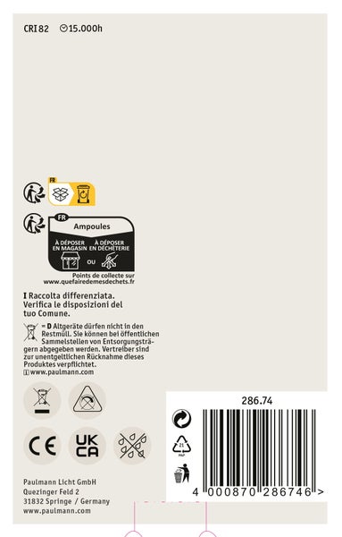 Rückseite einer Paulmann Licht Verpackung mit Entsorgungshinweisen, CE Kennzeichnung und Barcode.