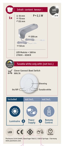 Produktinfografik für Paulmann Clever Connect LED Aufbauleuchte mit technischer Skizze, Maßen, Lichtwerten und Hinweis auf Zubehör.