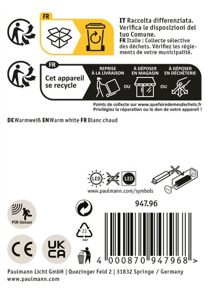 Produktetikett mit Entsorgungshinweisen, technischer Lichtfarbe Warmweiß, PIR Sensor Symbol, CE Kennzeichnung und Barcode.