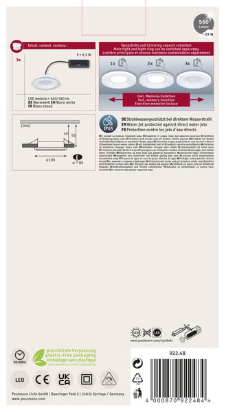 LED Einbauleuchte Sormus 3er-Set IP65 rund 100 mm 3x4,8W / 1,5W 3x300lm 230V 3000K Weiß