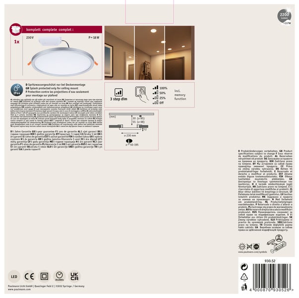 VariFit LED Einbaupanel 3-Step-Dim Areo IP44 rund 230 mm 16W 1400lm 3000K Chrom dimmbar