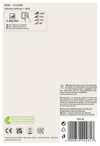 Informationen zur Leuchtmittel Dimmfunktion und Entsorgungshinweise mit Barcode und Paulmann Licht Logo