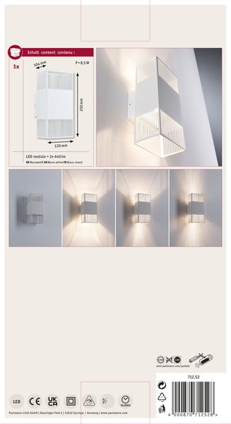 Paulmann LED Wandleuchte mit 8,5 Watt und warmweißer Lichtfarbe, Maße 250 mal 120 mal 104 Millimeter, inklusive technischer Produktdetails.