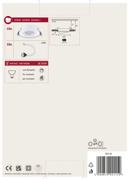 Set mit 10 Paulmann Einbaustrahlern für GU10 Leuchtmittel mit technischer Zeichnung, Maßen und Montagehinweisen.