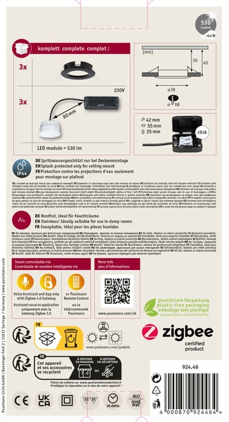 Technisches Datenblatt für ein dreiteiliges LED Einbauleuchten Set mit IP44 Schutz und Zigbee Steuerung