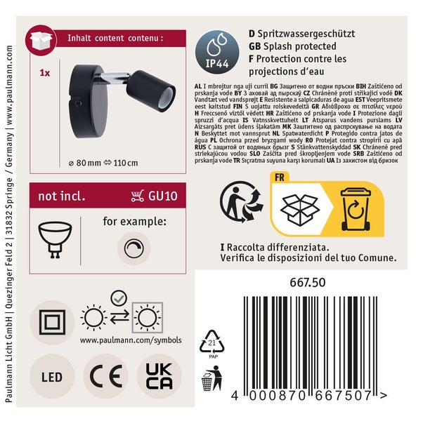 Spotlight Carolina IP44 GU10 230V max. 10W dimmbar Anthrazit, Chrom