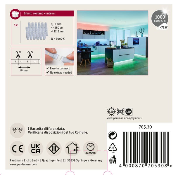 MaxLED 1000 LED Streifen mit Klebeband, 72 LEDs pro Meter, alle 8,4 Zentimeter kürzbar und mit Steckverbindung zur einfachen Montage.