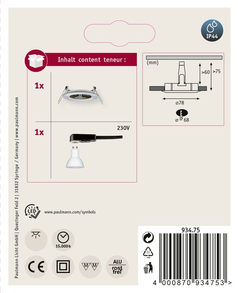 Paulmann LED Einbaustrahler Set mit Montageanleitung und technischen Spezifikationen inklusive IP44 Spritzwasserschutz und Einbaumaßen.