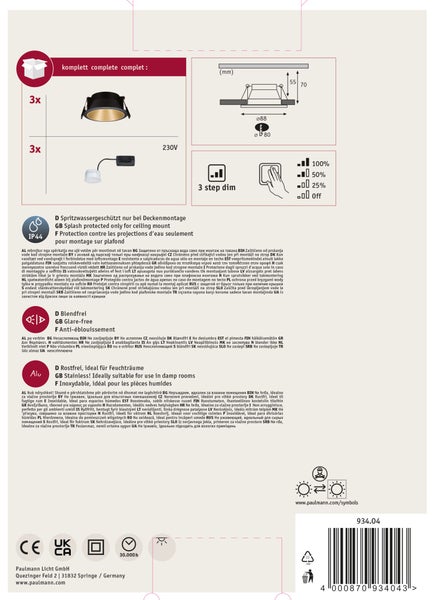 Technisches Datenblatt für Paulmann Einbauleuchte mit IP44 Spritzwasserschutz und dreistufiger Dimmfunktion für die Deckenmontage