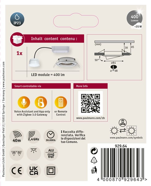 Produktverpackung eines Paulmann LED Einbaustrahlers mit technischen Spezifikationen und Montageanleitung.