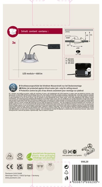 Verpackungsrückseite Paulmann LED Einbauleuchten Set mit technischen Zeichnungen, IP65 Schutzklasse und Hinweisen zur Deckenmontage.