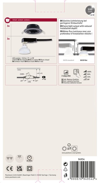 Paulmann LED Einbauleuchten Set mit drei schwenkbaren Spots, 2700 Kelvin warmweiß, 3 Stufen Dimmfunktion und Memory Funktion, 550 Lumen.