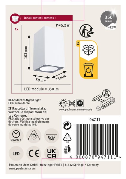 Technische Zeichnung und Produktdetails einer Paulmann LED Wandleuchte mit 350 Lumen Leistung und Maßangaben.