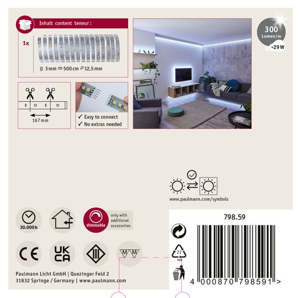 Paulmann MaxLED Tunable White Controller mit Fernbedienung, Controller Box und Anschlusskabeln.