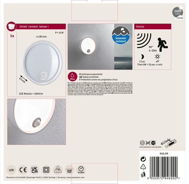 Technische Produktinformation einer runden LED Leuchte mit Bewegungsmelder, 15 Watt, IP44 spritzwassergeschützt und seewasserbeständig.