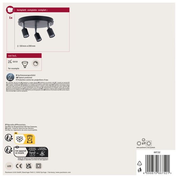 Paulmann Carolina Deckenstrahler 3-flammig IP44 Anthrazit Chrom mit Verpackung und Paulmann Logo